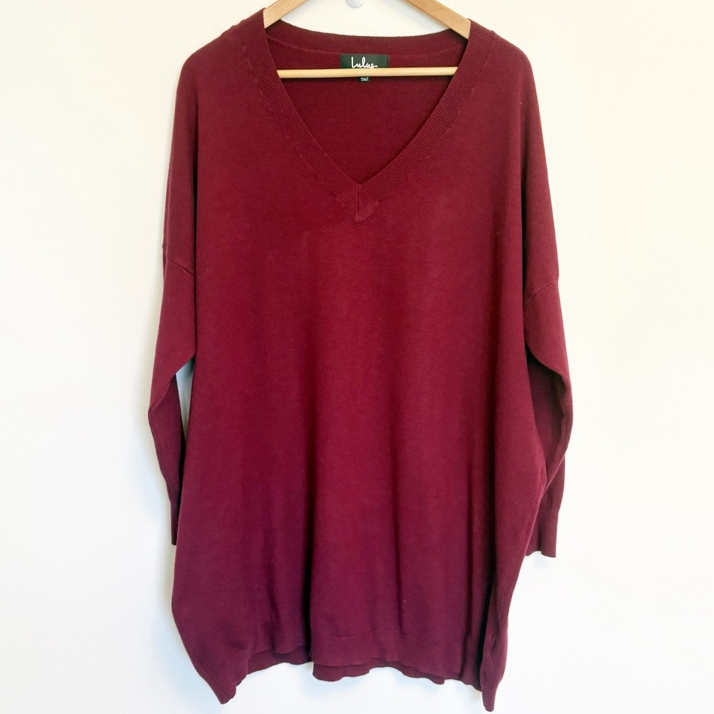 Lulus V Neck Long Sleeve Lightweight Sweater Tunic in Deep Red - size small/medi